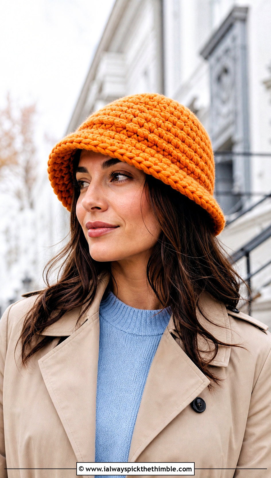 Bulky Crochet Bucket Hat With Trench Coat - 15 Easy Bulky Crochet Hat outfit ideas