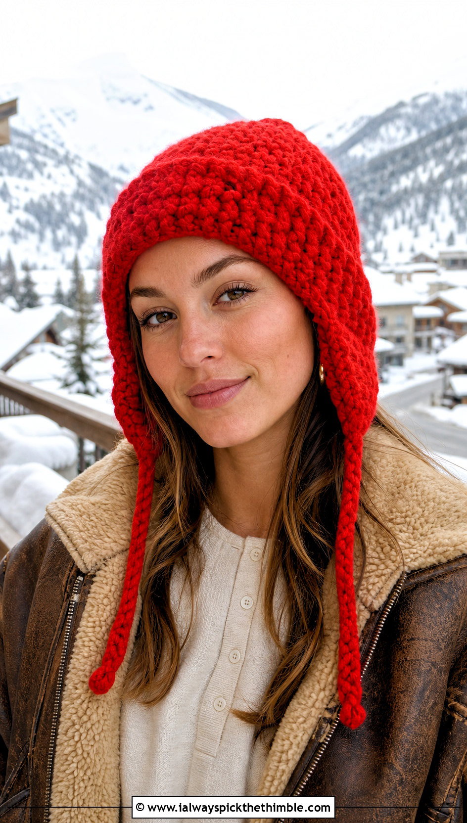 Bulky Earflap Crochet Beanie With Shearling Jacket - 20 bulky crochet beanie outfit ideas