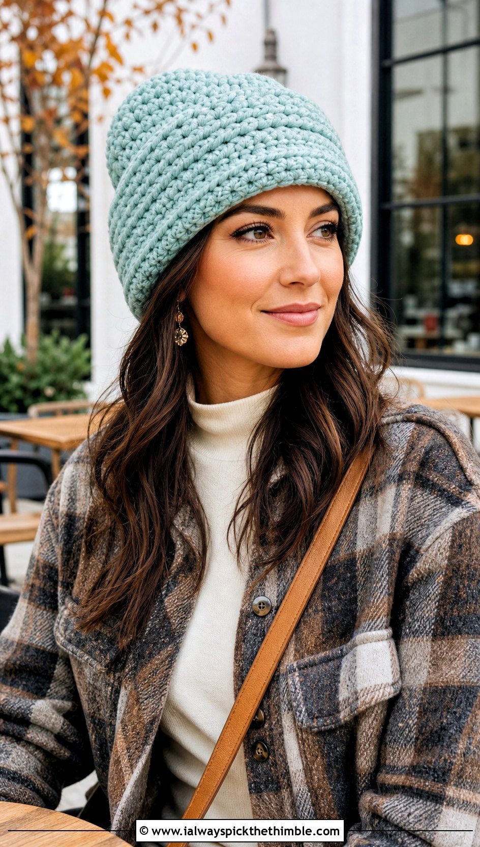 Bulky Fold Over Brim Crochet Beanie With Wool Shacket - 20 bulky crochet beanie outfit ideas