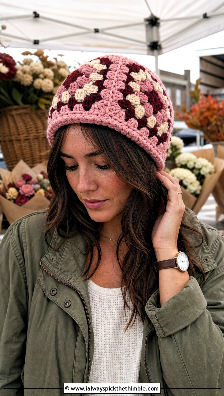 Bulky Granny Square Crochet Beanie With Utility Jacket - 20 bulky crochet beanie outfit ideas