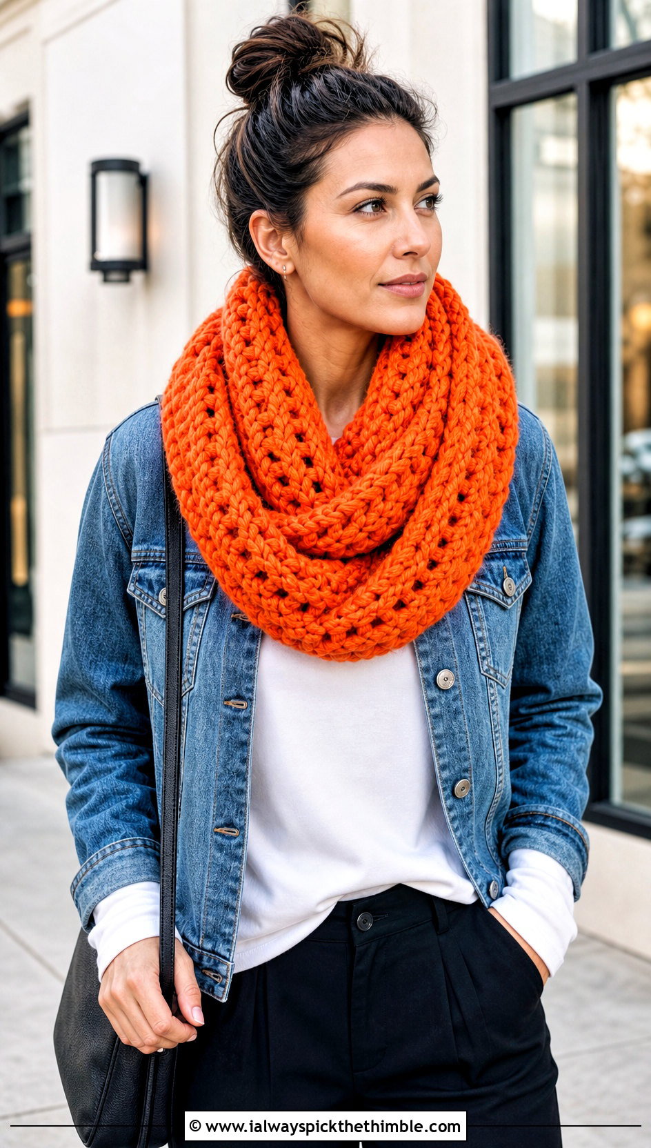 Bulky Infinity Crochet Cowl With Denim Jacket - 20 Bulky Crochet Cowl outfit ideas
