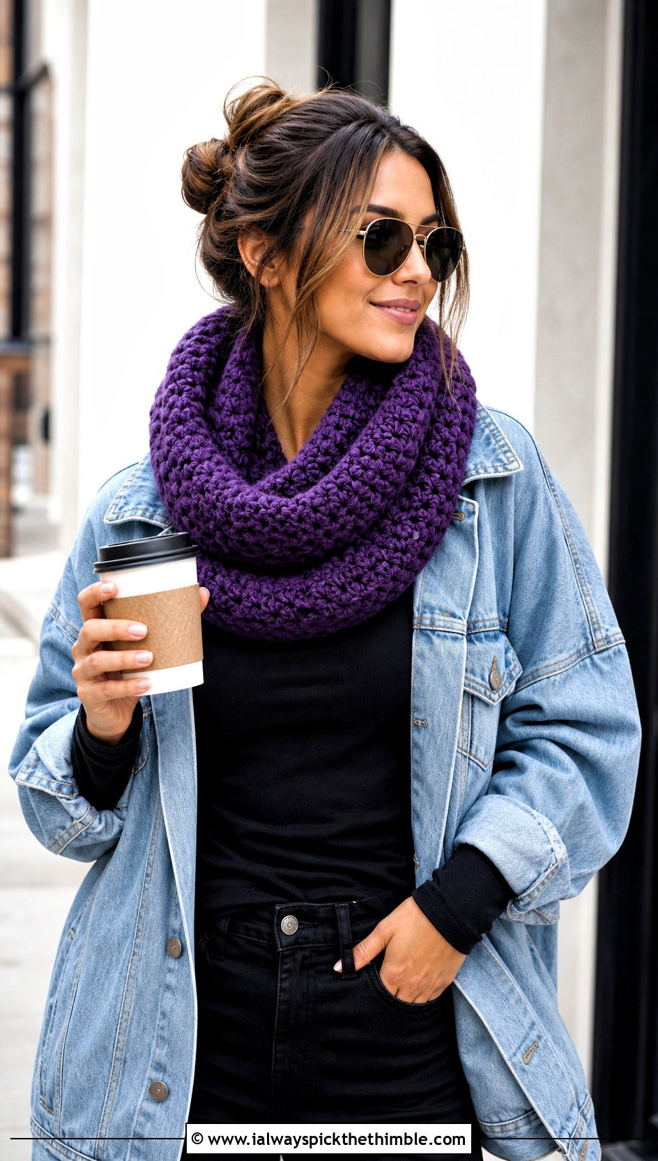 Bulky Infinity Crochet Scarf With Denim Jacket - 15 Crochet For Scarves Using Bulky Yarn outfit ideas