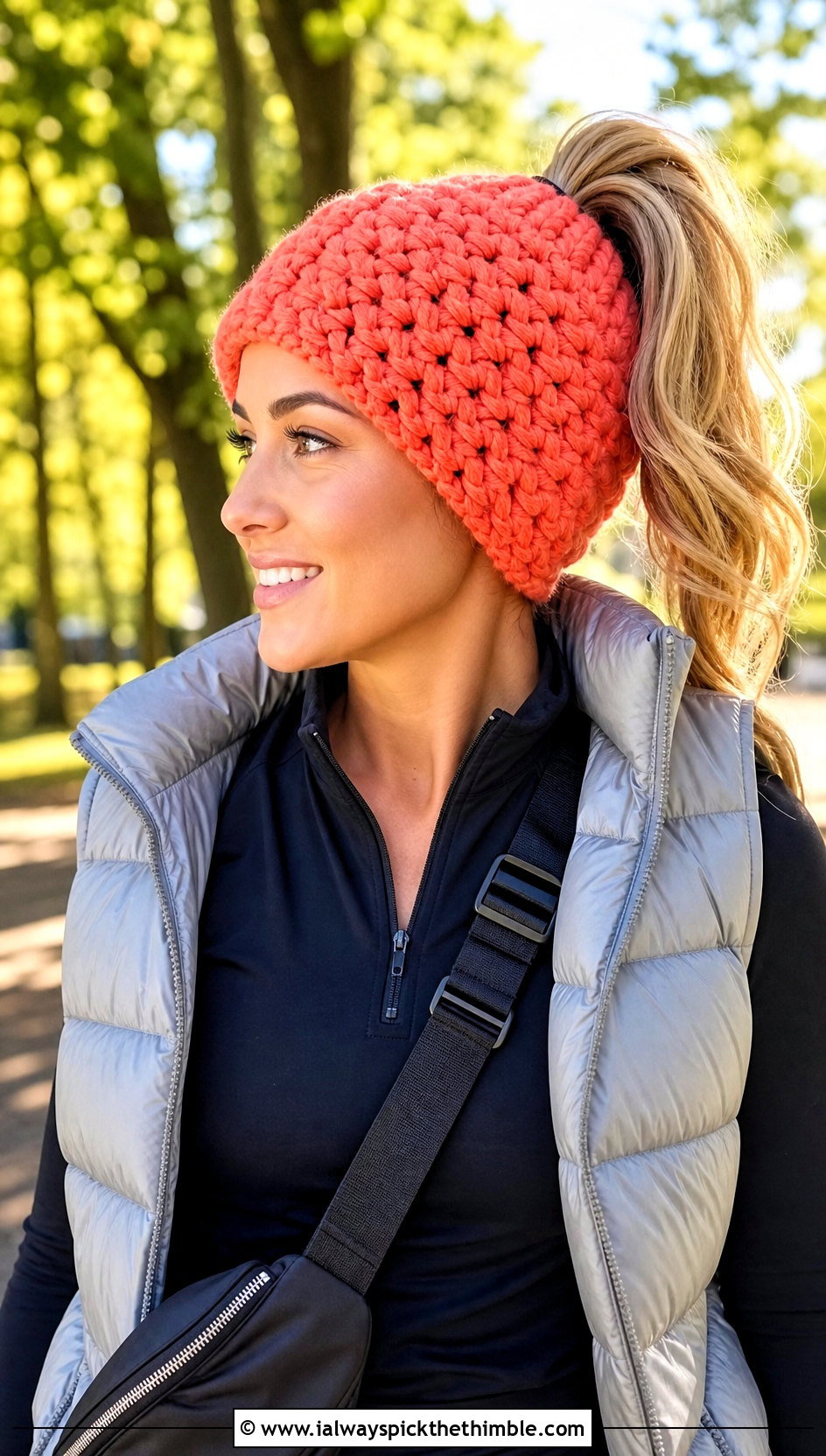Bulky Messy Bun Crochet Beanie With Athleisure - 20 bulky crochet beanie outfit ideas