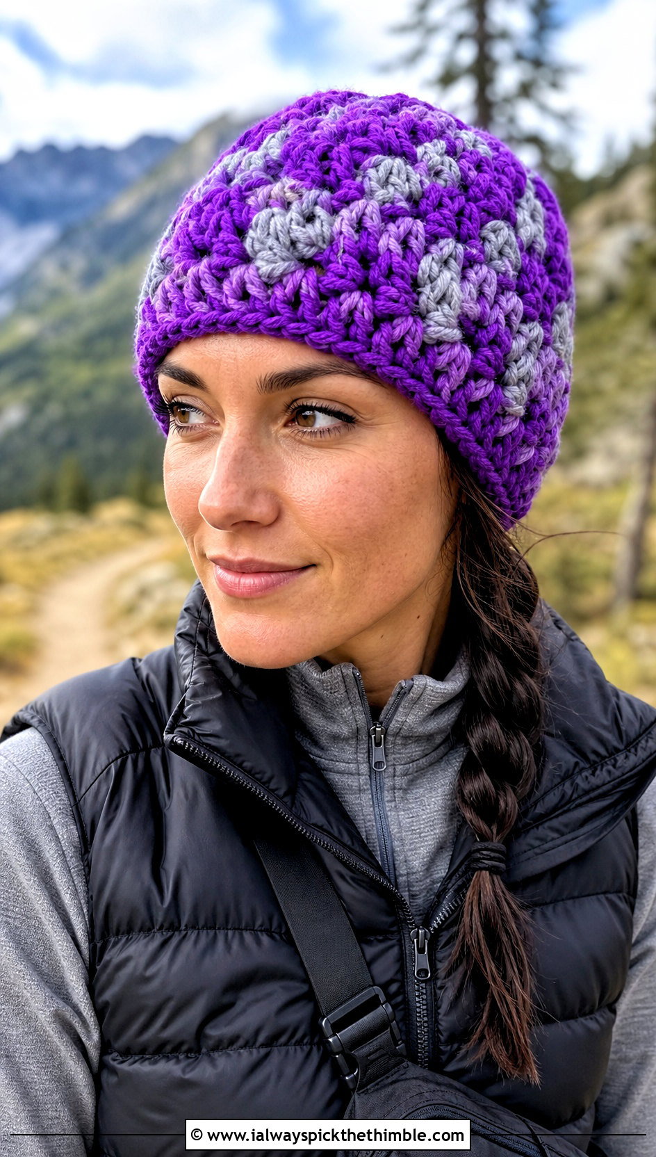 Bulky Mosaic Crochet Beanie With Puffer Vest - 20 Mosaic Crochet Beanie outfit ideas