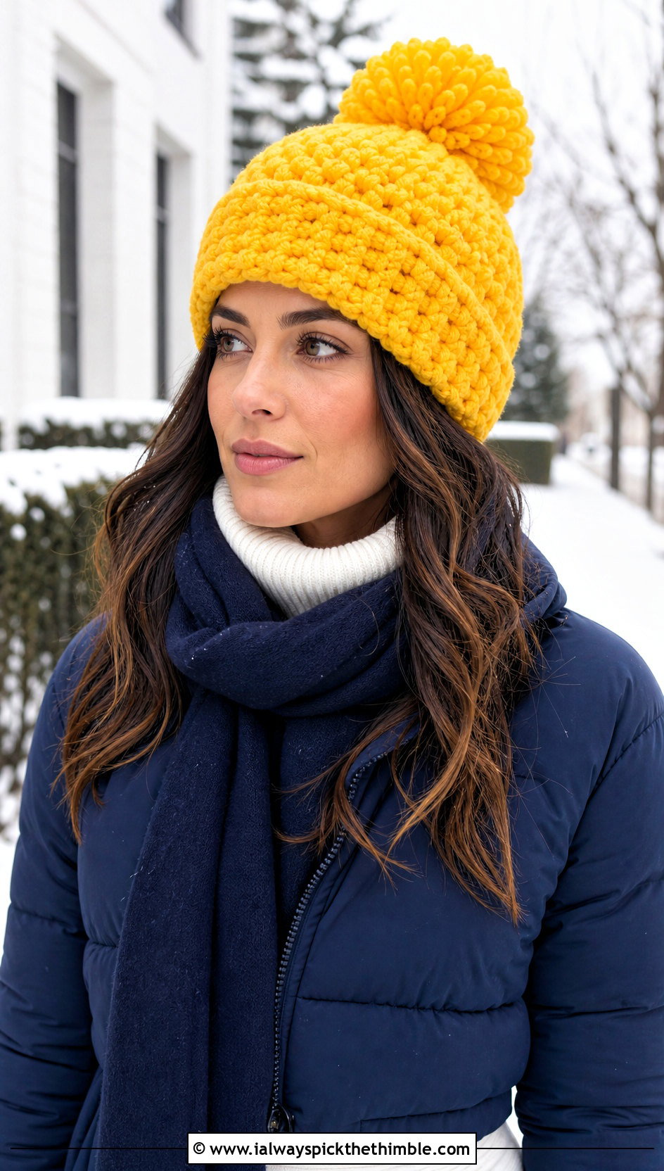 Bulky Pom Pom Crochet Beanie With Puffer Coat - 20 bulky crochet beanie outfit ideas