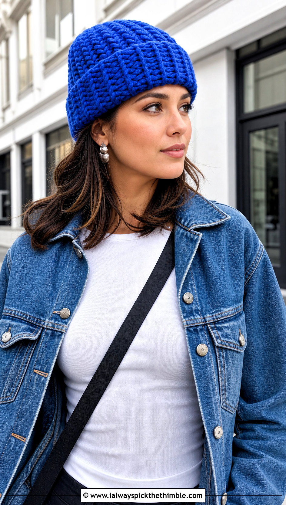 Bulky Ribbed Cuffed Crochet Beanie With Denim Jacket - 20 bulky crochet beanie outfit ideas