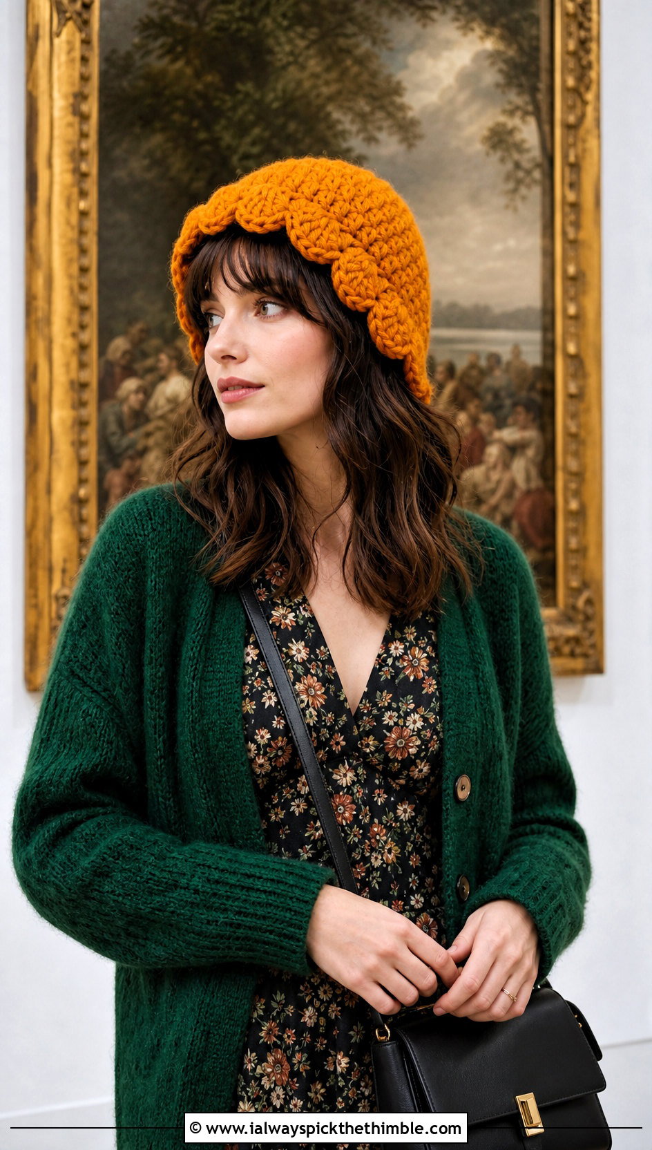 Bulky Scalloped Edge Crochet Beanie With Floral Dress - 20 bulky crochet beanie outfit ideas