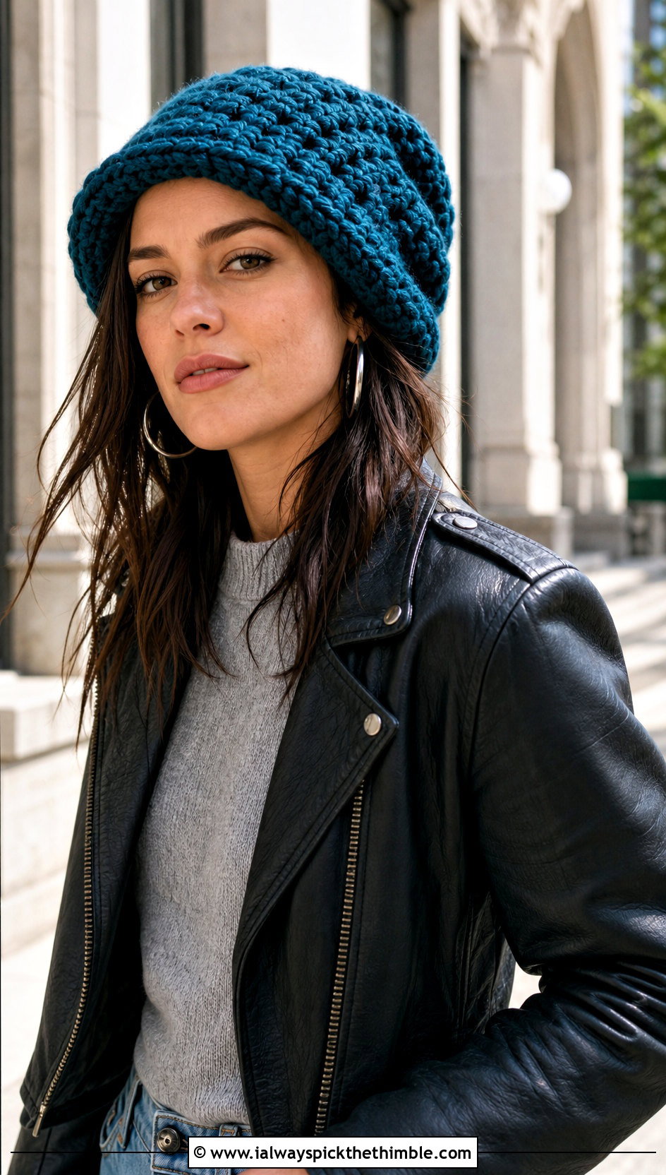 Bulky Slouchy Crochet Beanie With Leather Jacket - 20 bulky crochet beanie outfit ideas