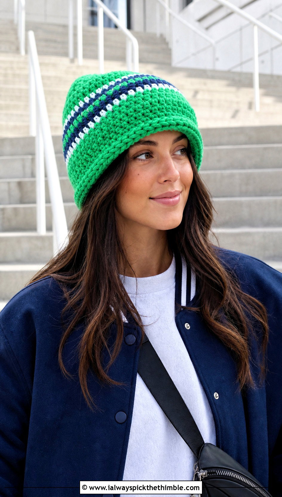 Bulky Striped Crochet Beanie With Varsity Jacket - 20 bulky crochet beanie outfit ideas