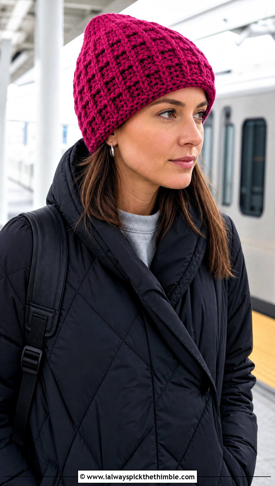 Bulky Waffle Stitch Crochet Beanie With Quilted Coat - 20 bulky crochet beanie outfit ideas