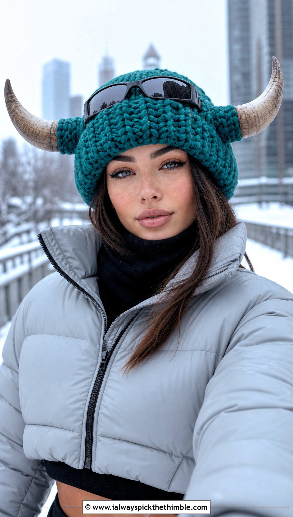 Bull Horn Chunky Crochet Beanie With Puffer Jacket - 20 Crochet Horned Beanie outfit ideas