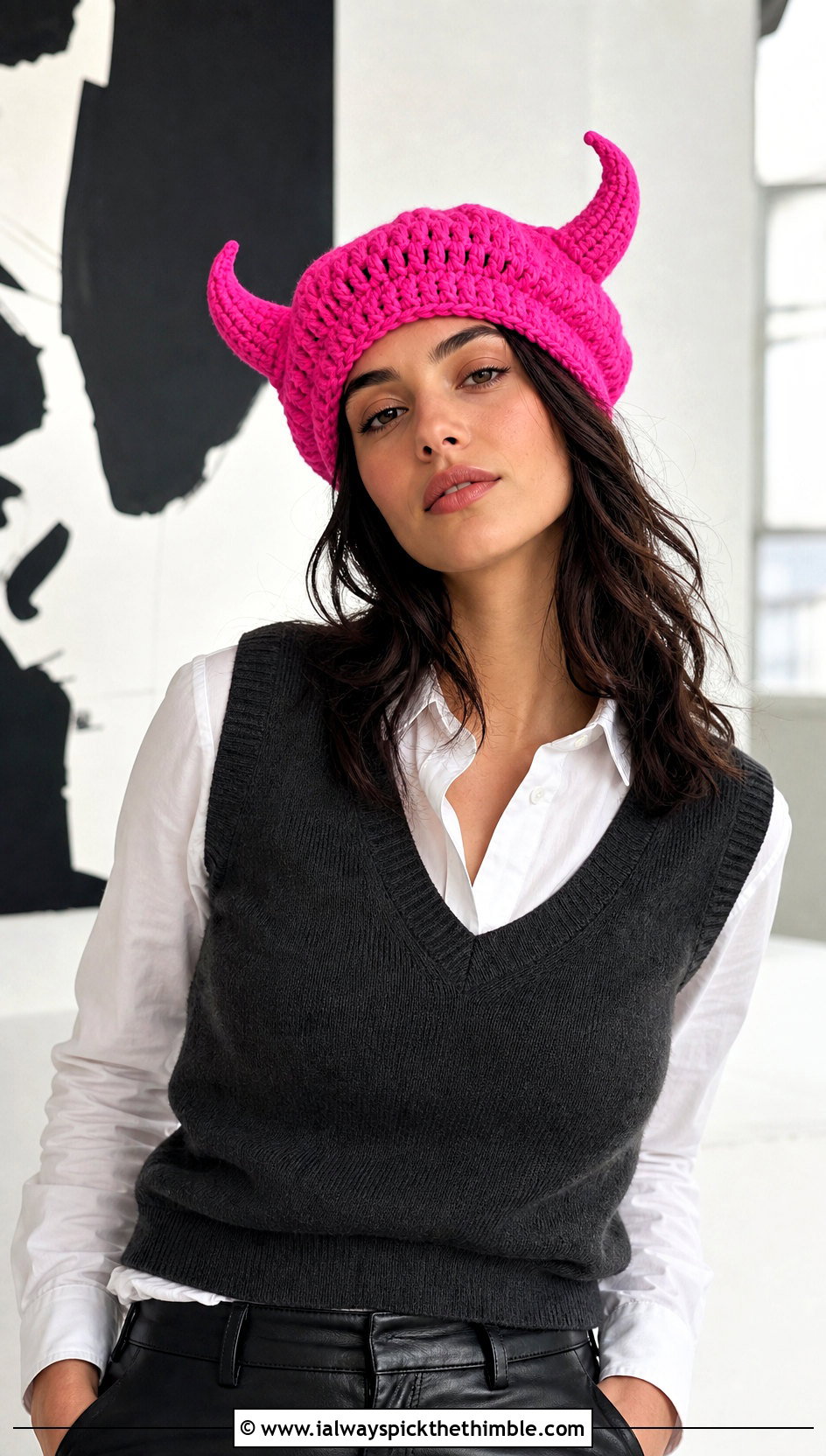 Bull Horn Crochet Beret With Leather Trousers - 20 crochet hat with horns outfit ideas