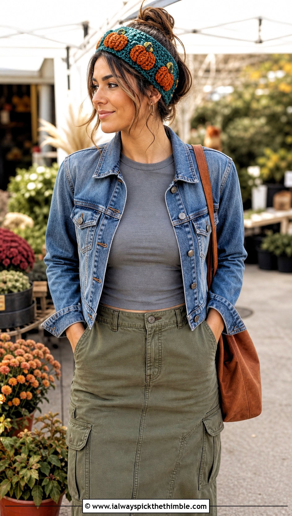 Bullion Stitch Pumpkin Headband With Denim Jacket - 25 crochet pumpkin headband outfit ideas
