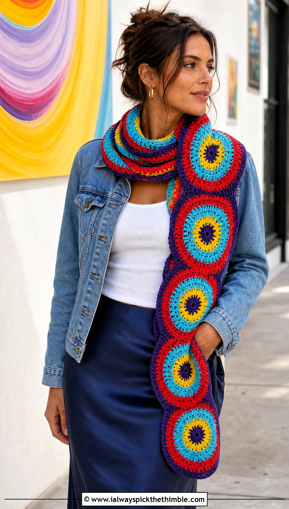 Bullseye Circle Crochet Scarf With Denim Jacket And Slip Skirt - 15 crochet scarf with colorful circles outfit ideas