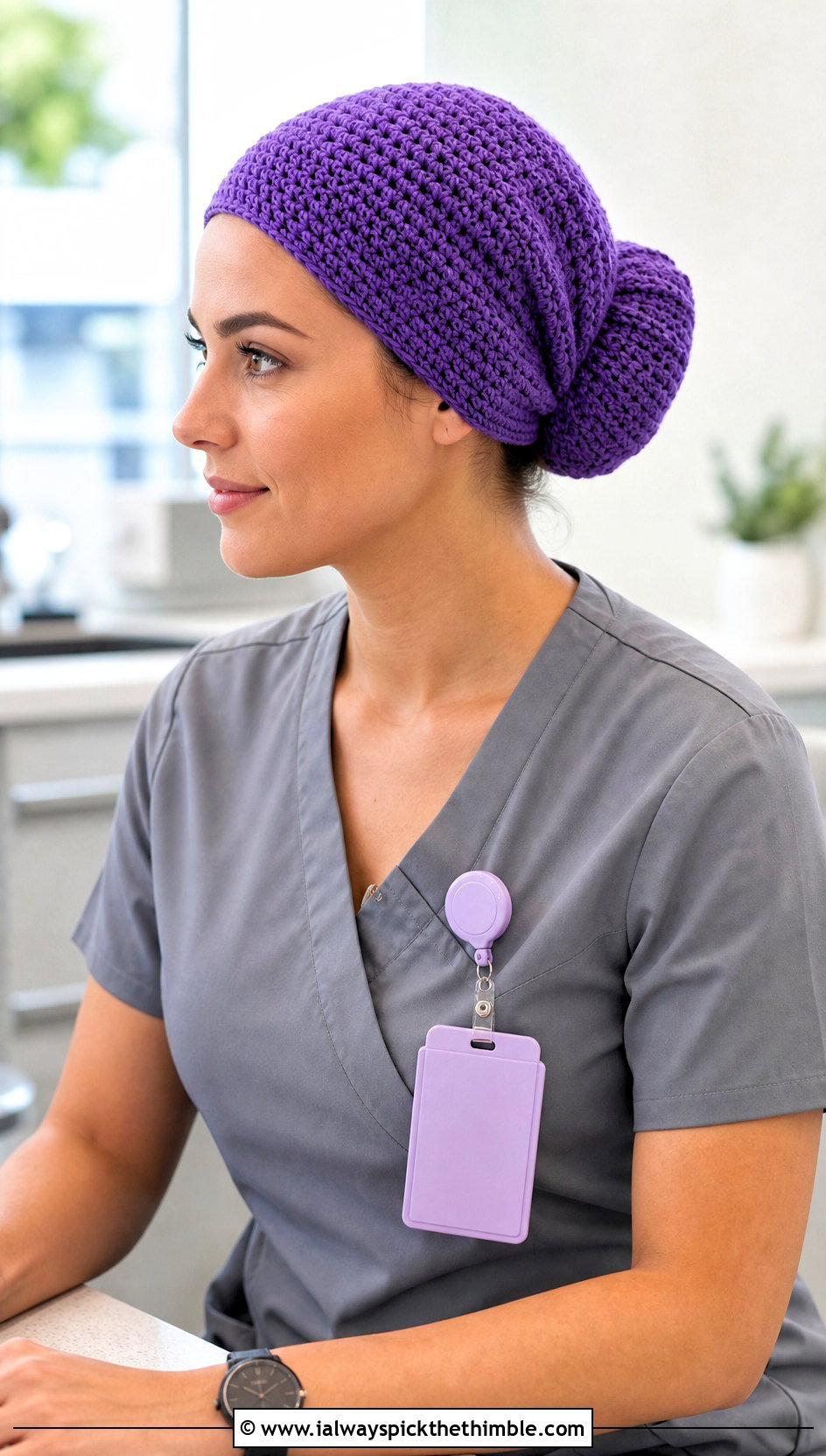 Bun Crochet Scrub Cap With Mock Wrap Scrubs - 20 Crochet Scrub Cap outfit ideas