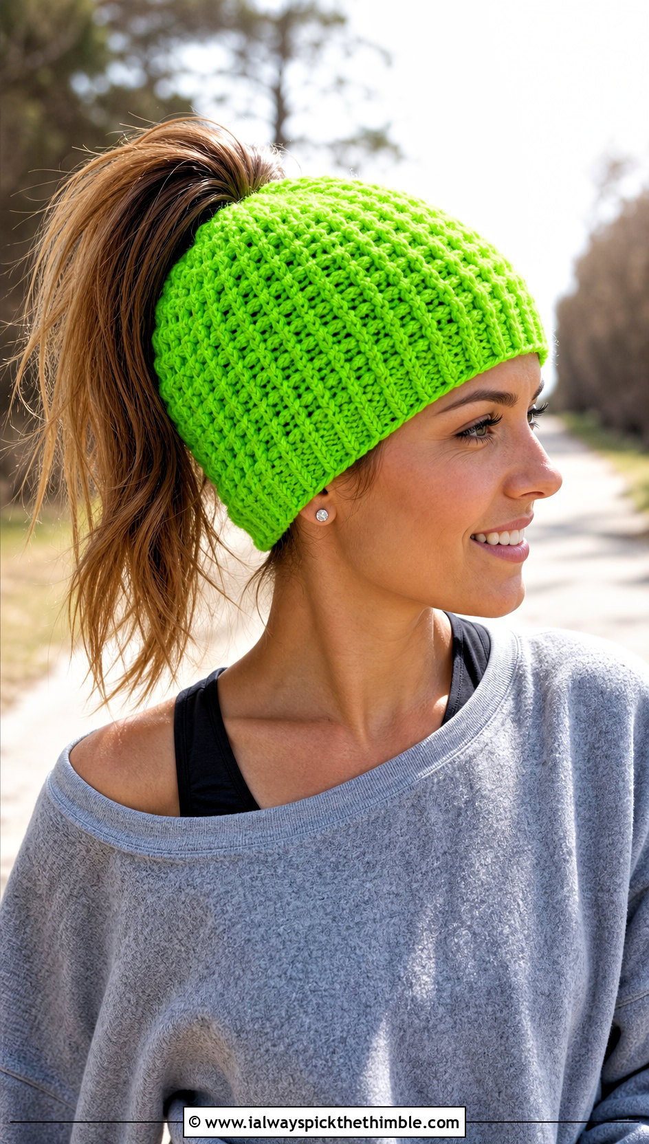 Bun Waffle Crochet Beanie With Sweatshirt And Biker Shorts - 20 waffle crochet beanie outfit ideas