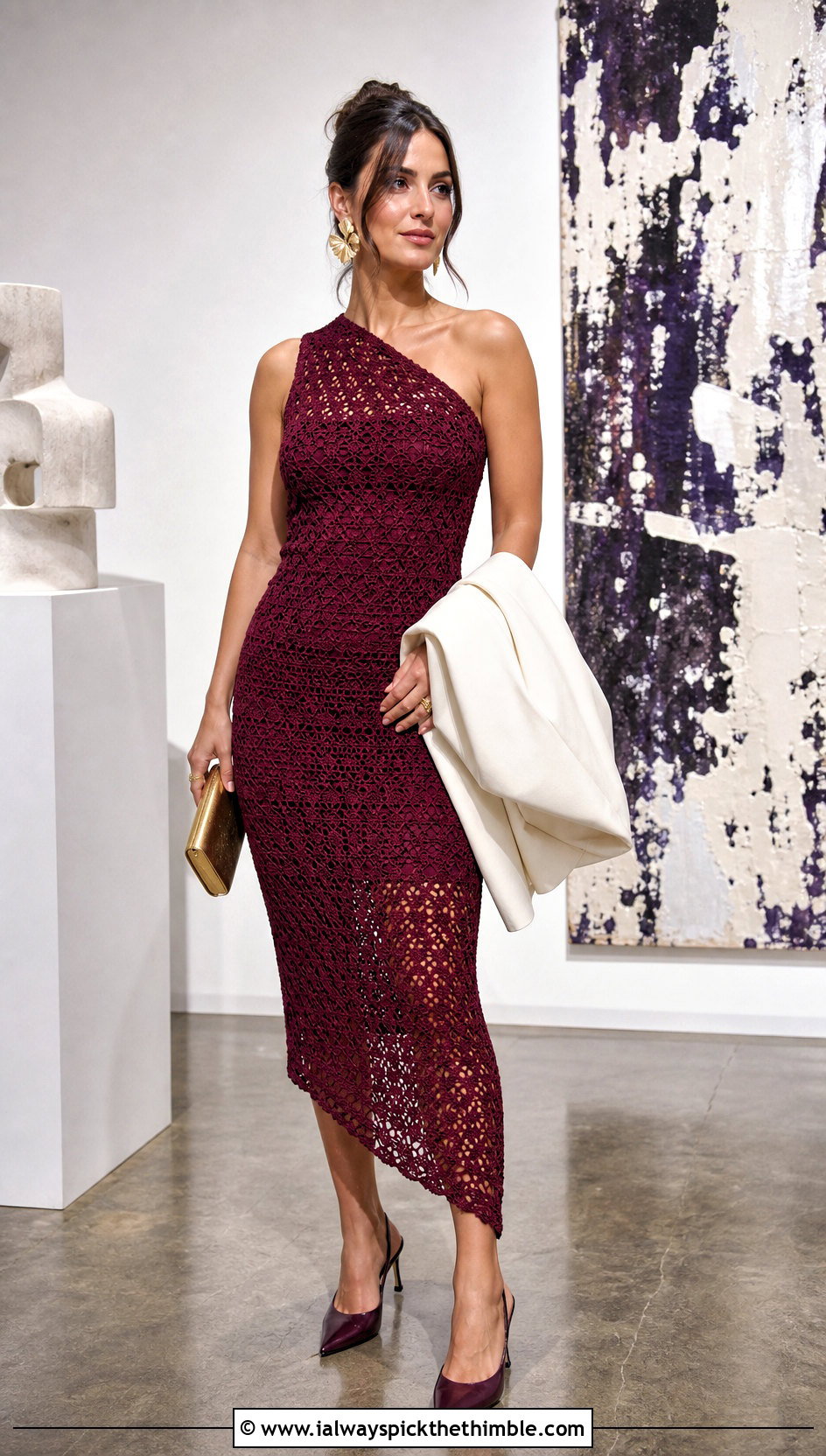 Burgundy Asymmetrical Crochet Dress With Slingback Pumps - 20 burgundy crochet dress outfit ideas