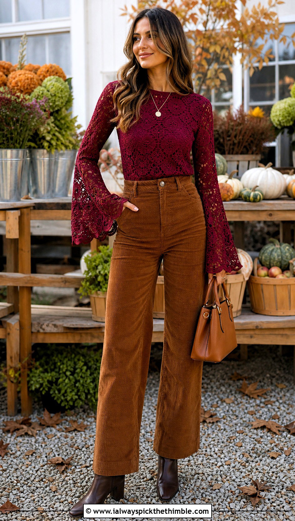 Burgundy Bell Sleeve Crochet Lace Top With Corduroy Pants - 15 Crochet Lace Top In Burgundy outfit ideas