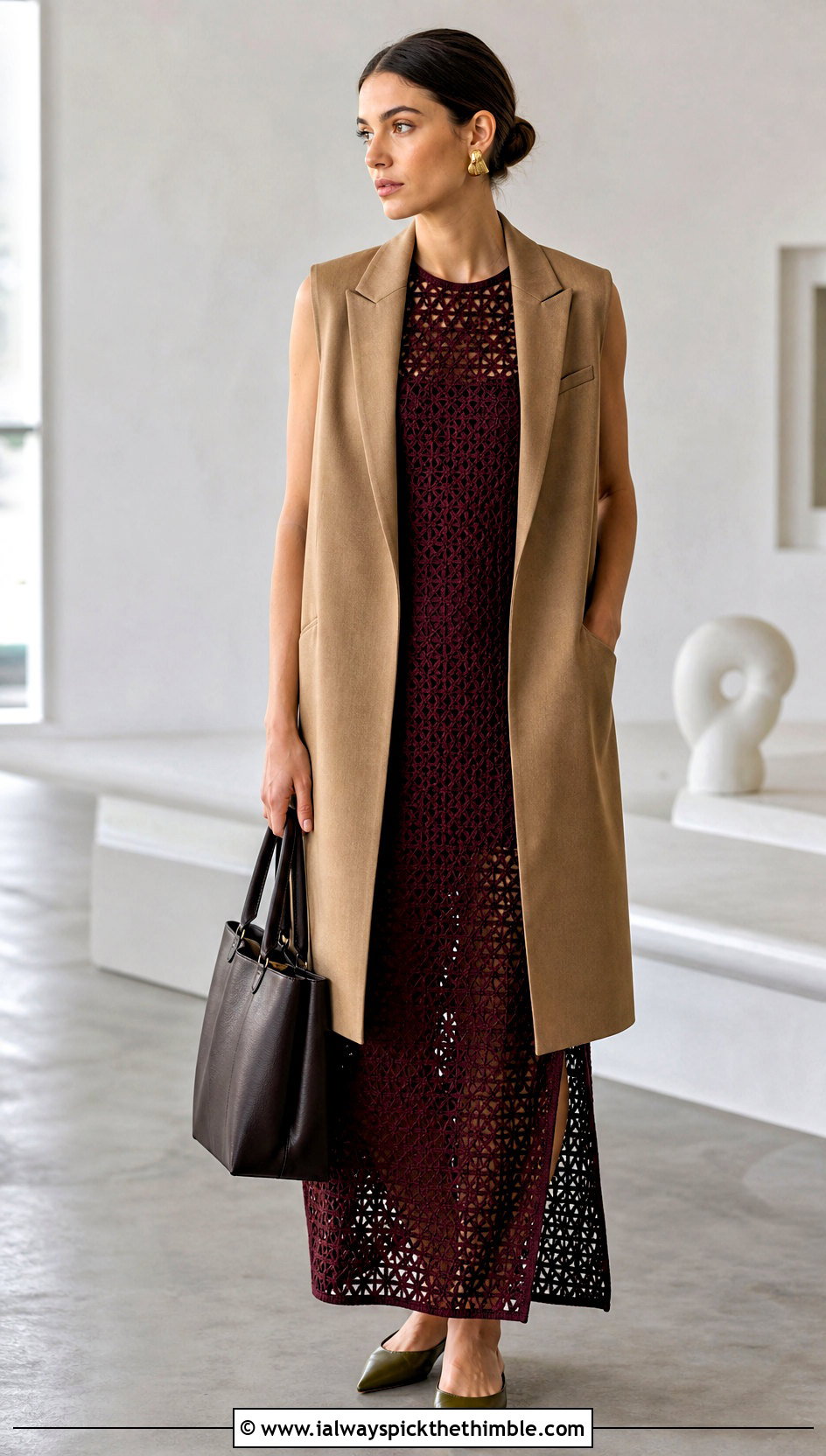 Burgundy Crochet Column Dress With Longline Vest - 20 burgundy crochet dress outfit ideas