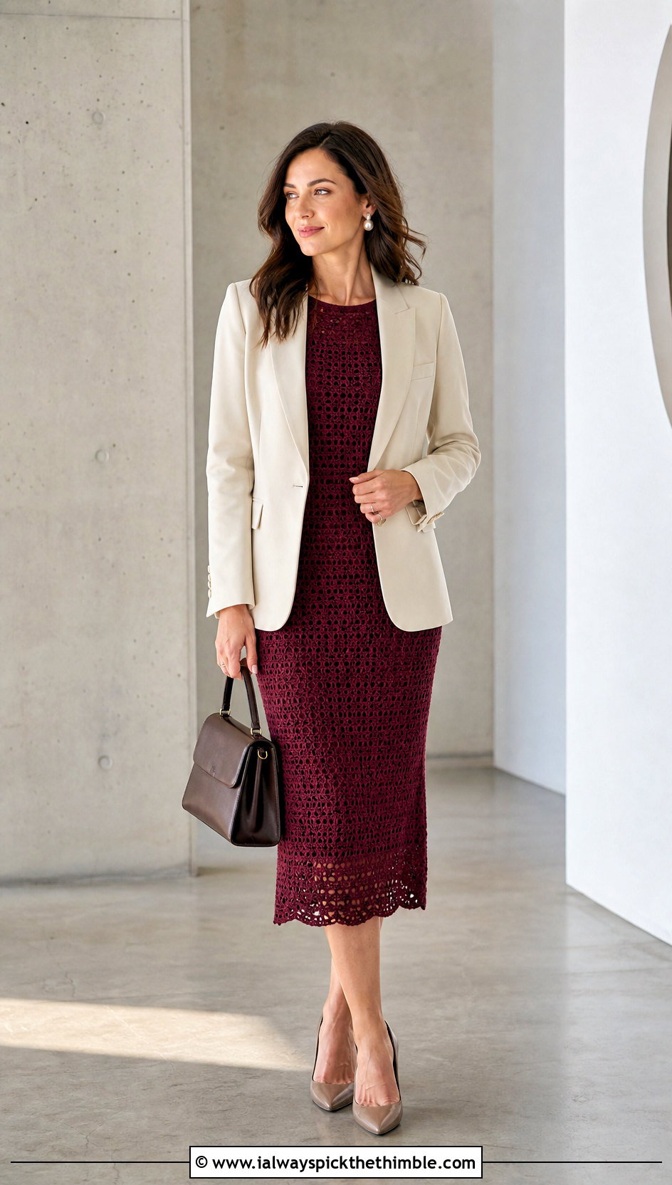 Burgundy Crochet Midi Dress With Cream Blazer - 20 burgundy crochet dress outfit ideas