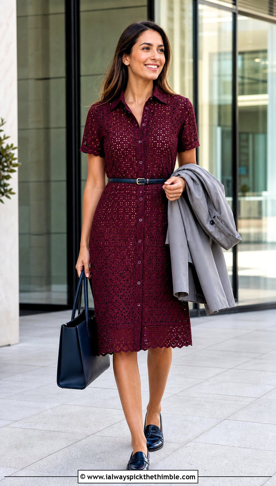 Burgundy Crochet Shirt Dress With Loafers - 20 burgundy crochet dress outfit ideas