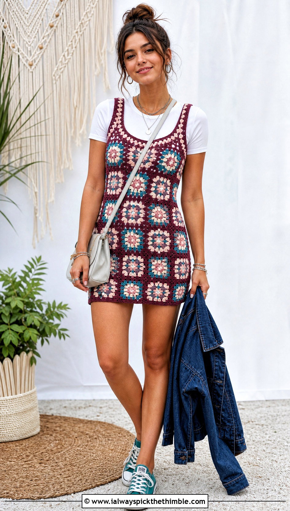 Burgundy Granny Square Dress With Canvas Sneakers - 20 burgundy crochet dress outfit ideas