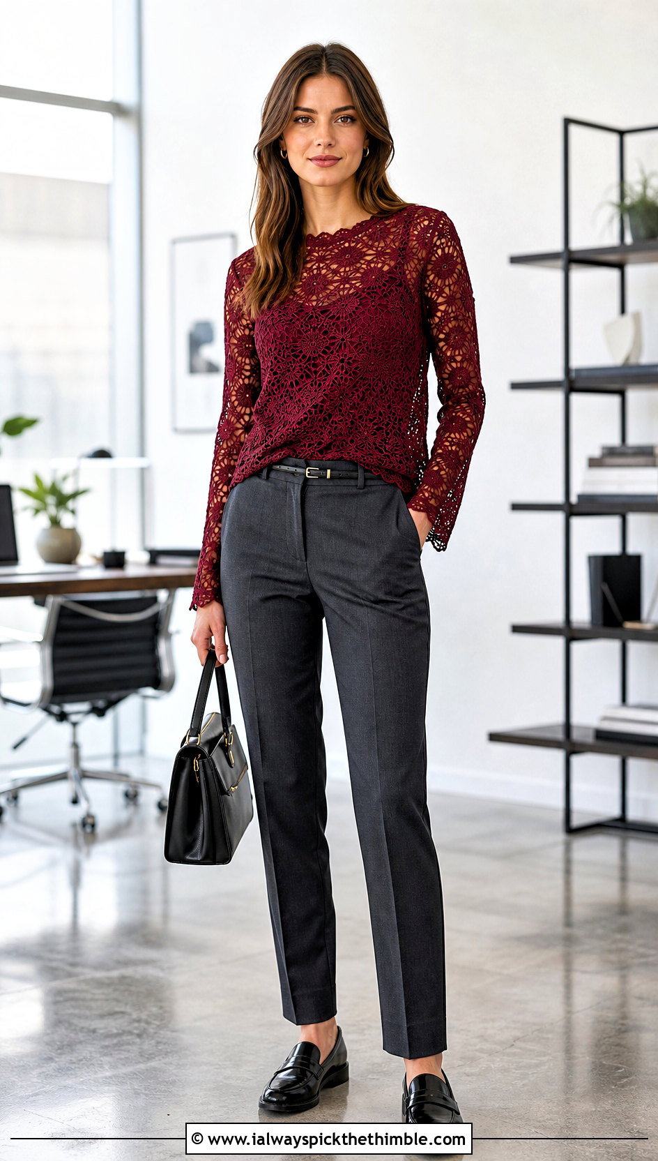 Burgundy Long Sleeve Crochet Lace Top With Tailored Trousers - 15 Crochet Lace Top In Burgundy outfit ideas