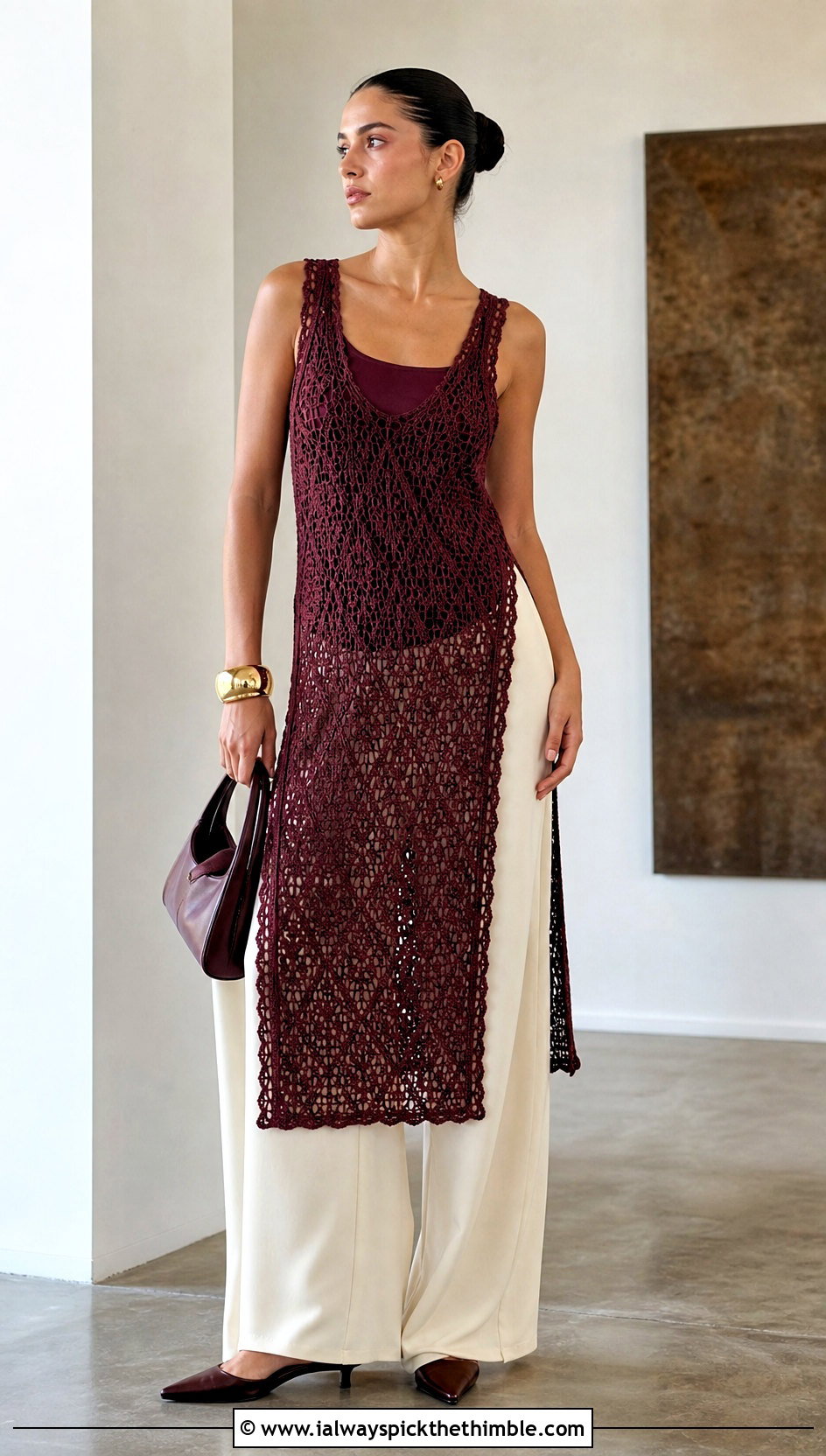 Burgundy Open Knit Dress With Wide Leg Pants - 20 burgundy crochet dress outfit ideas