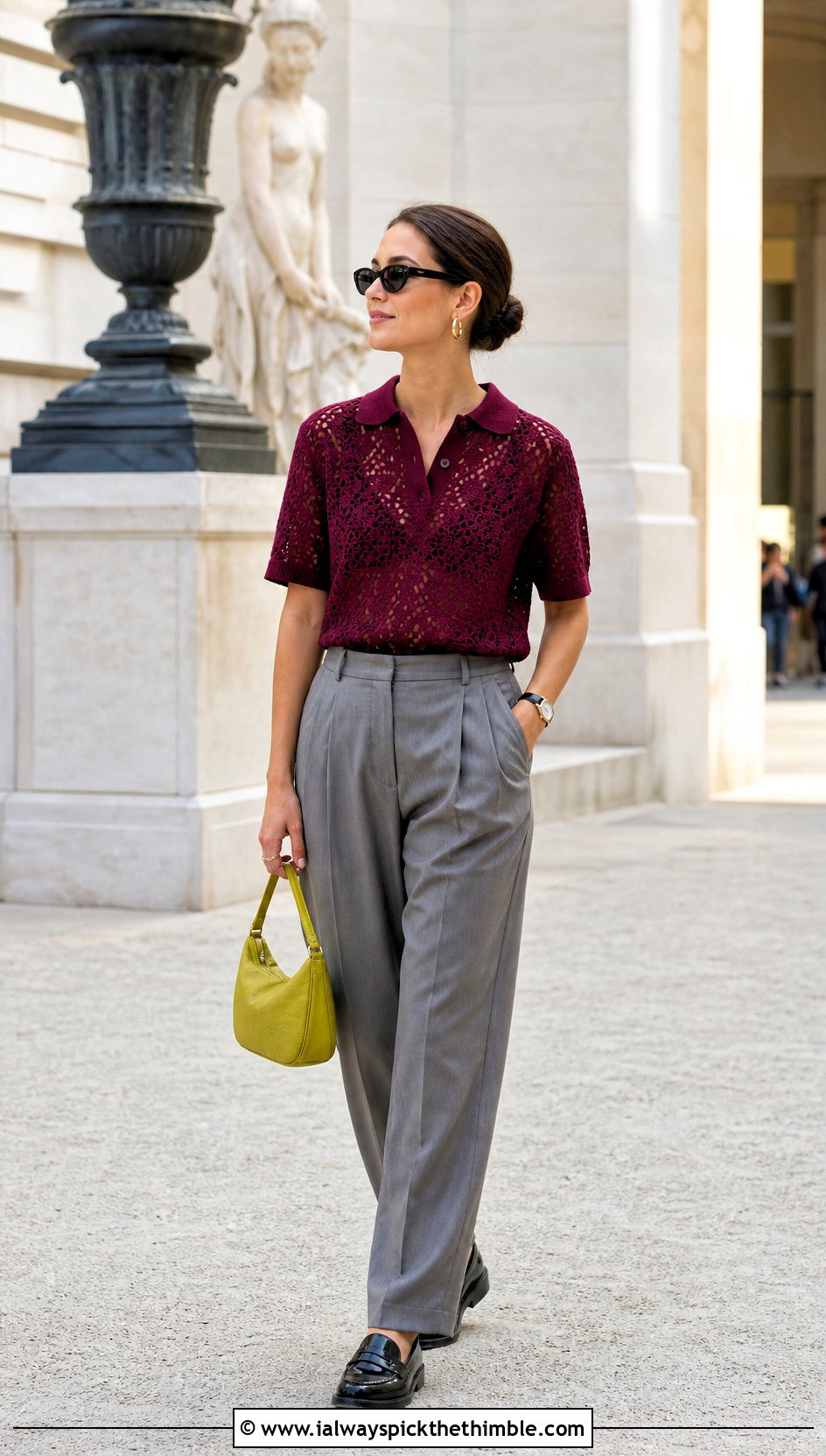 Burgundy Polo Crochet Lace Top With Pleated Trousers - 15 Crochet Lace Top In Burgundy outfit ideas