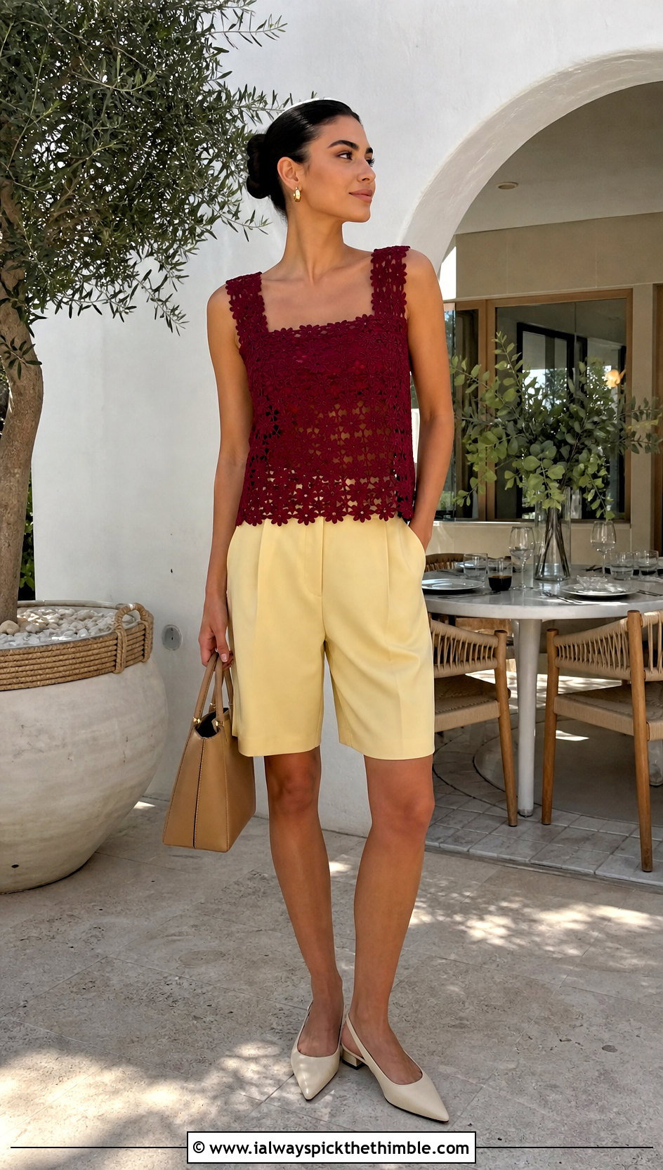 Burgundy Square Neck Crochet Lace Top With Bermuda Shorts - 15 Crochet Lace Top In Burgundy outfit ideas
