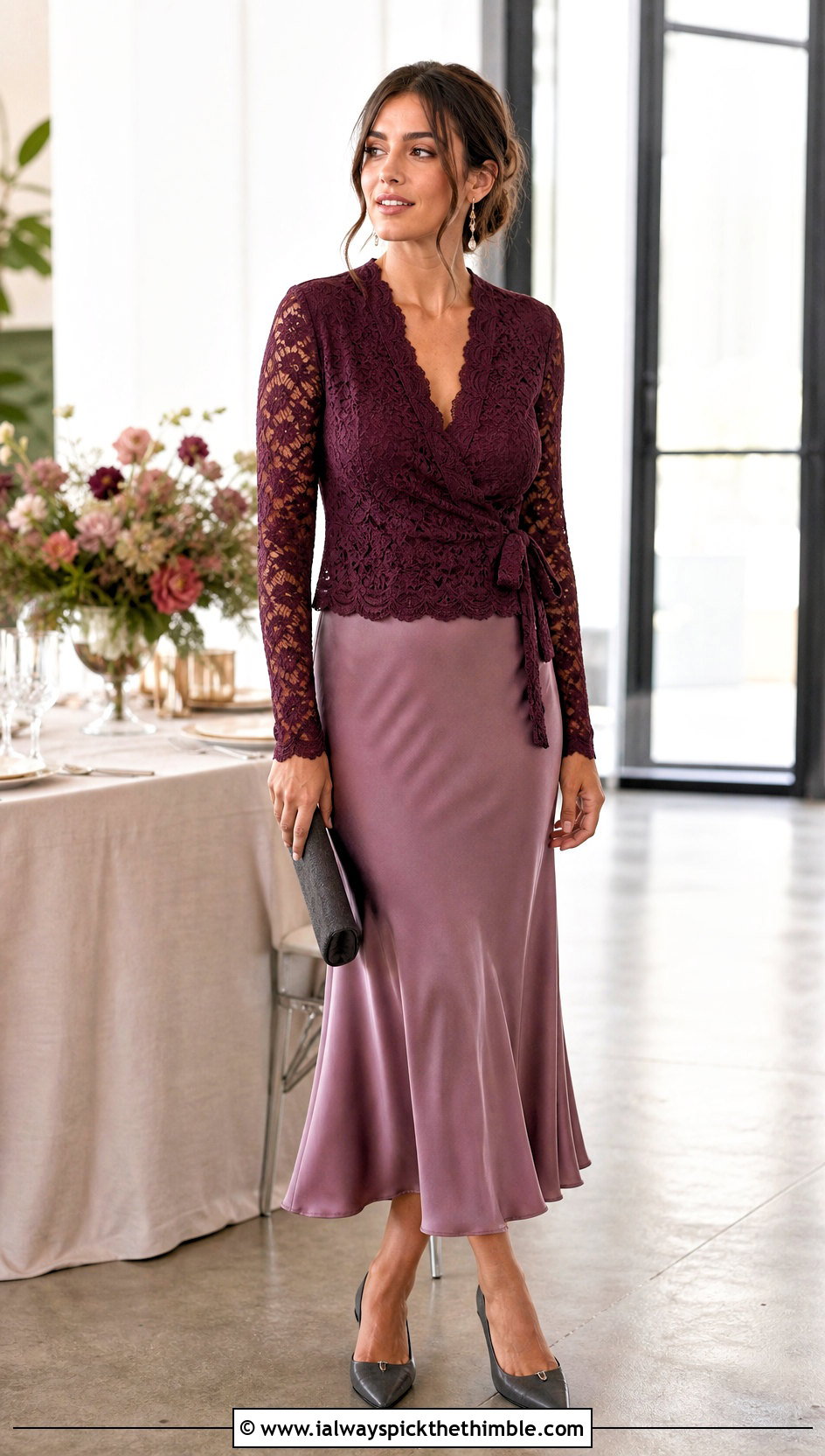 Burgundy Wrap Crochet Lace Top With Bias Cut Skirt - 15 Crochet Lace Top In Burgundy outfit ideas