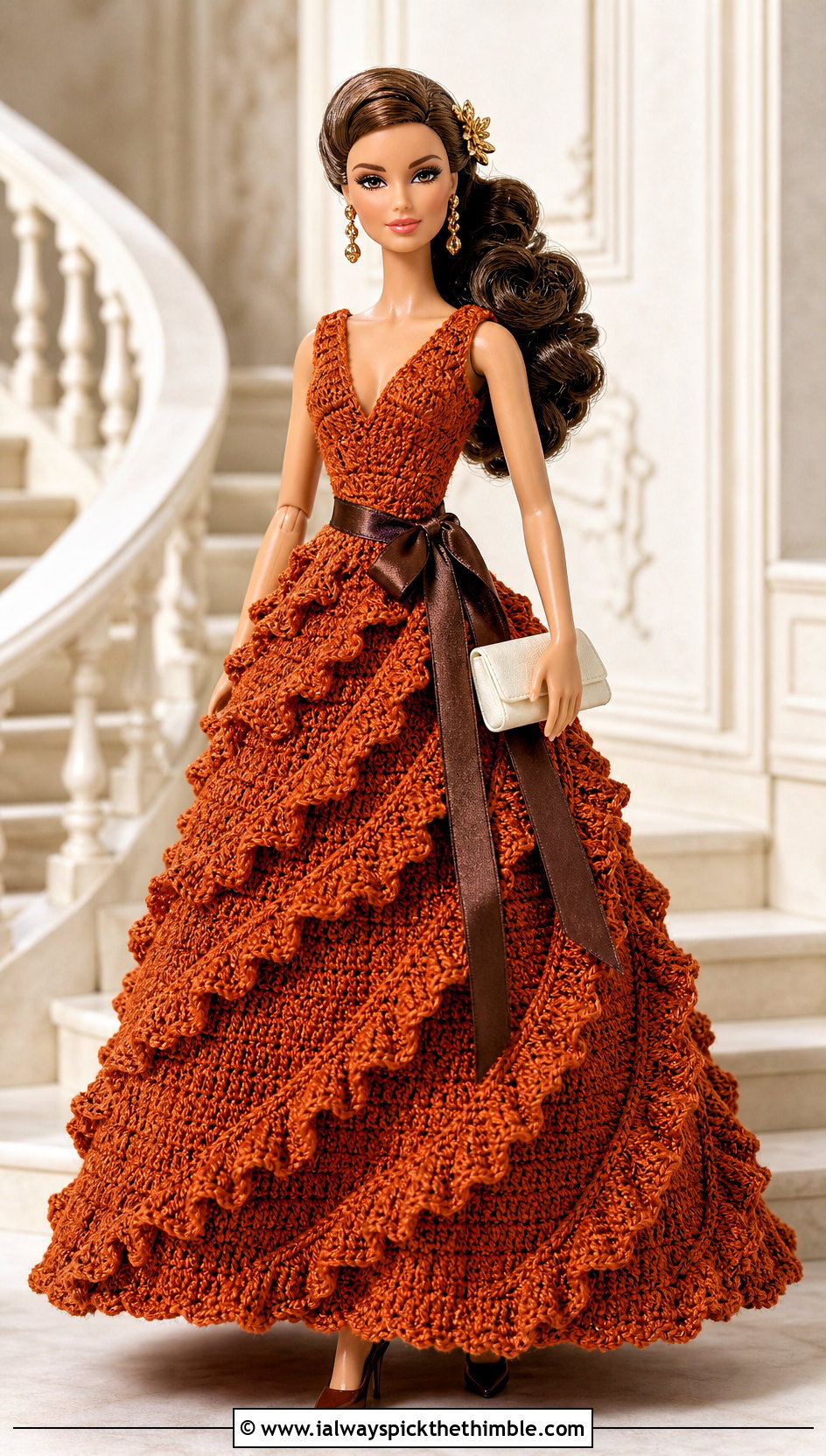 Burnt Orange Ruffle Crochet Barbie Ball Gown - 20 crochet barbie ball gowns outfit ideas