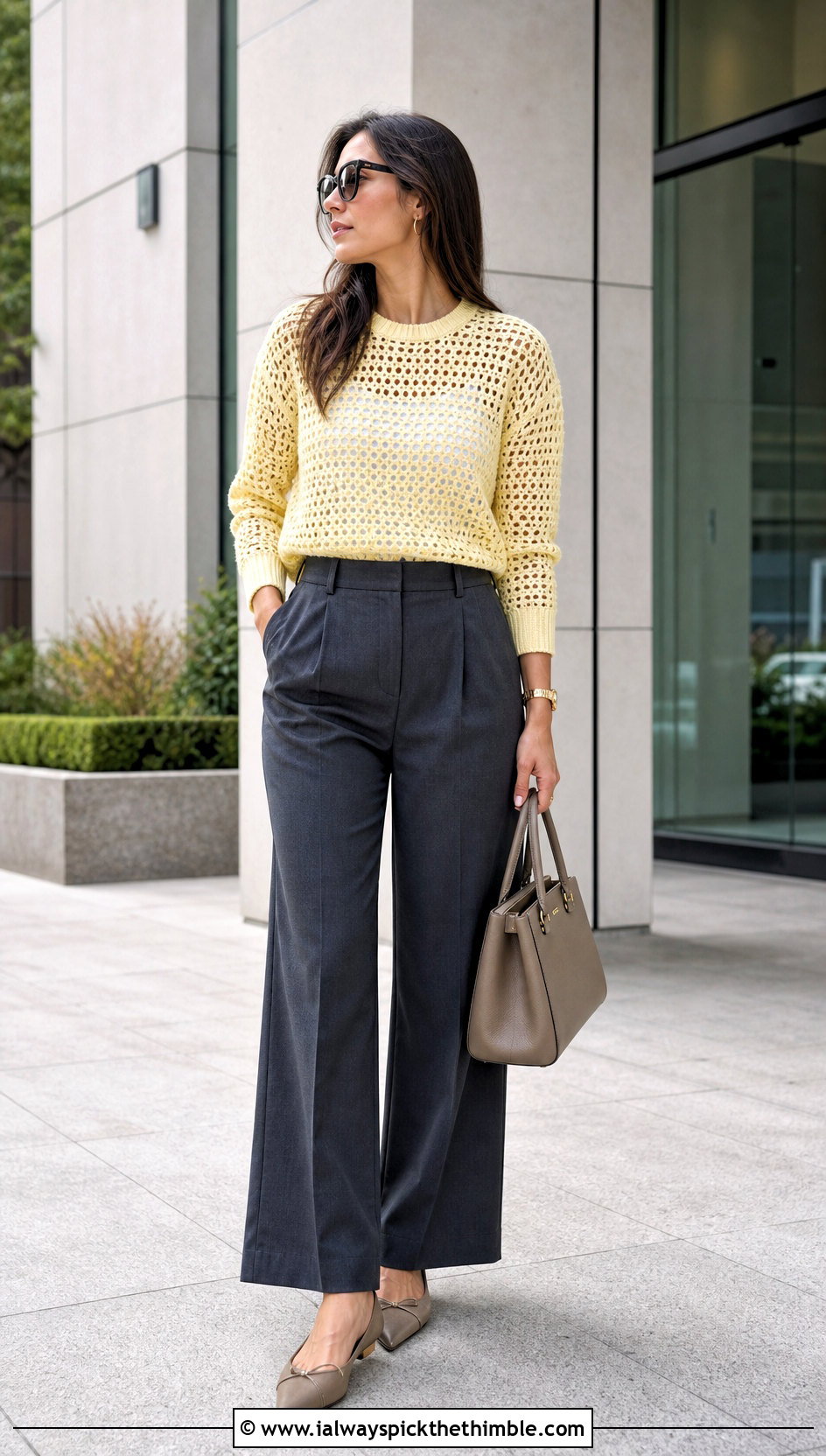 Butter Yellow Openwork Crochet Crewneck With Tailored Trousers - 15 Yellow Lace Crochet Sweater outfit ideas
