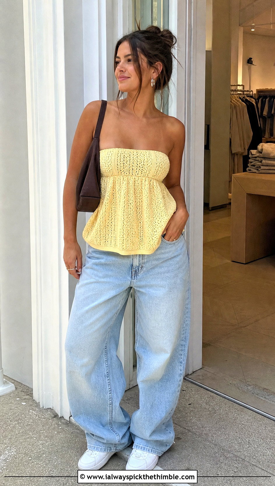 Butter Yellow Strapless Crochet Mix Babydoll Top With Baggy Jeans - 20 hollister crochet babydoll top outfit ideas