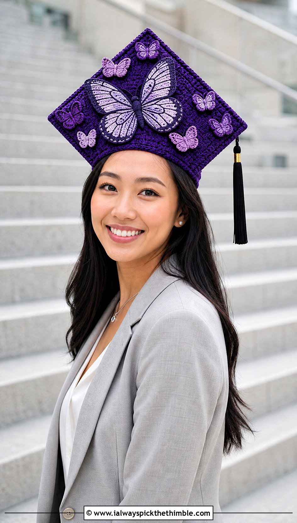 Butterfly Applique Cap Cover With Pastel Pantsuit - 20 crochet graduation cap cover outfit ideas