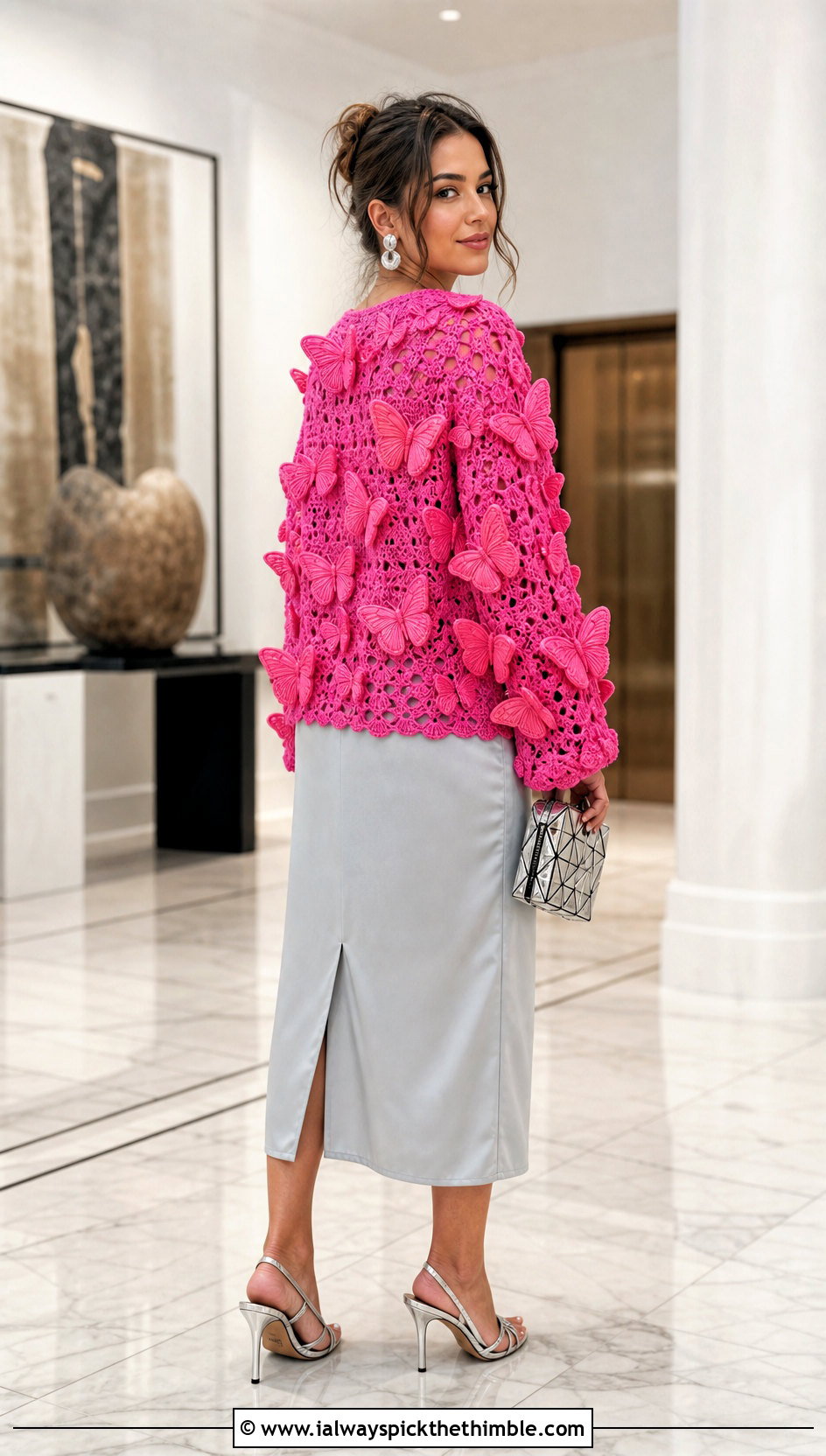 Butterfly Applique Crochet Jacket With Column Dress - 15 Crochet Butterfly Clothes and outfit ideas