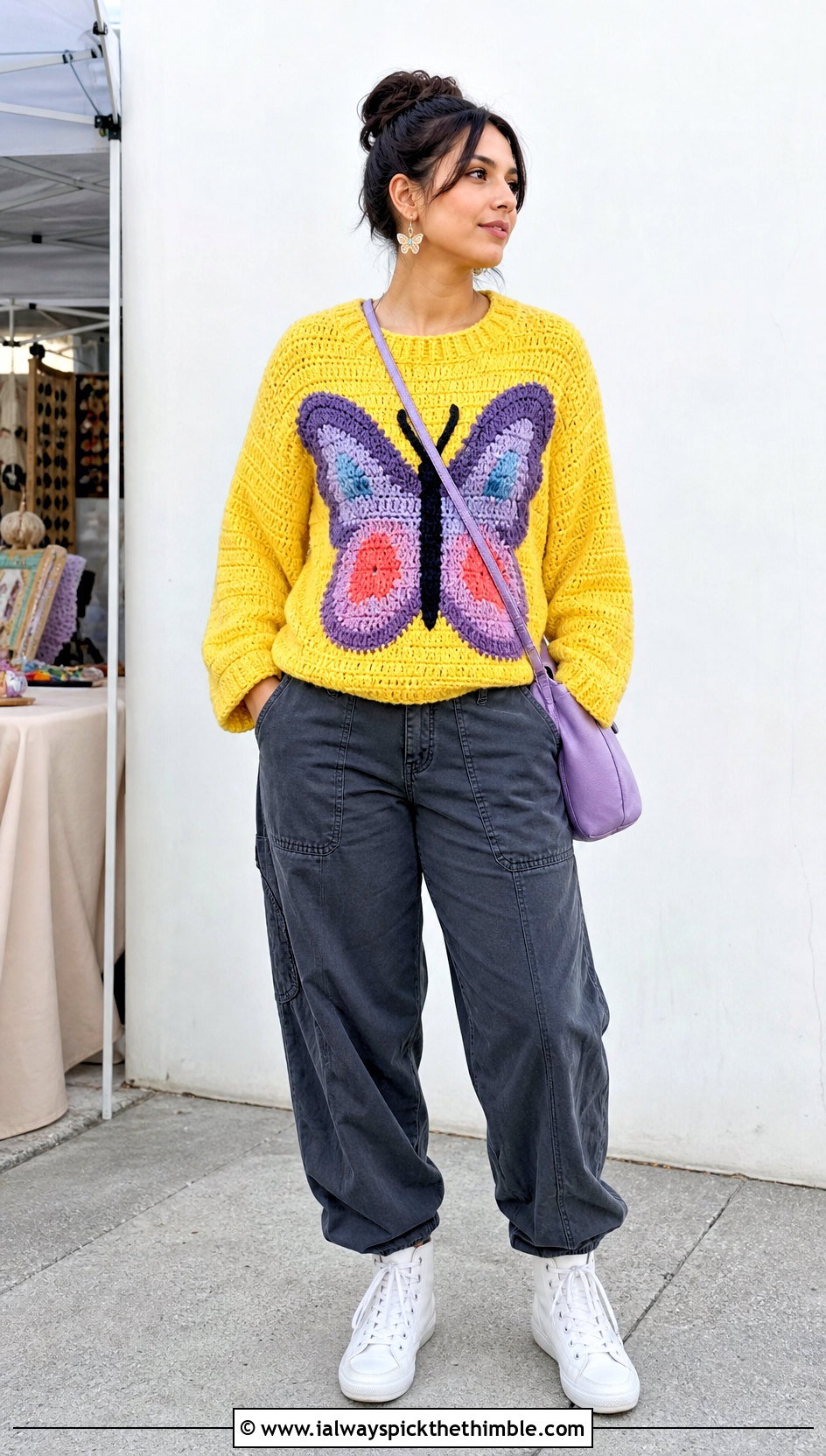 Butterfly Crochet Mabel Pines Sweater With Carpenter Pants - 20 crochet mabel pines sweater outfit ideas