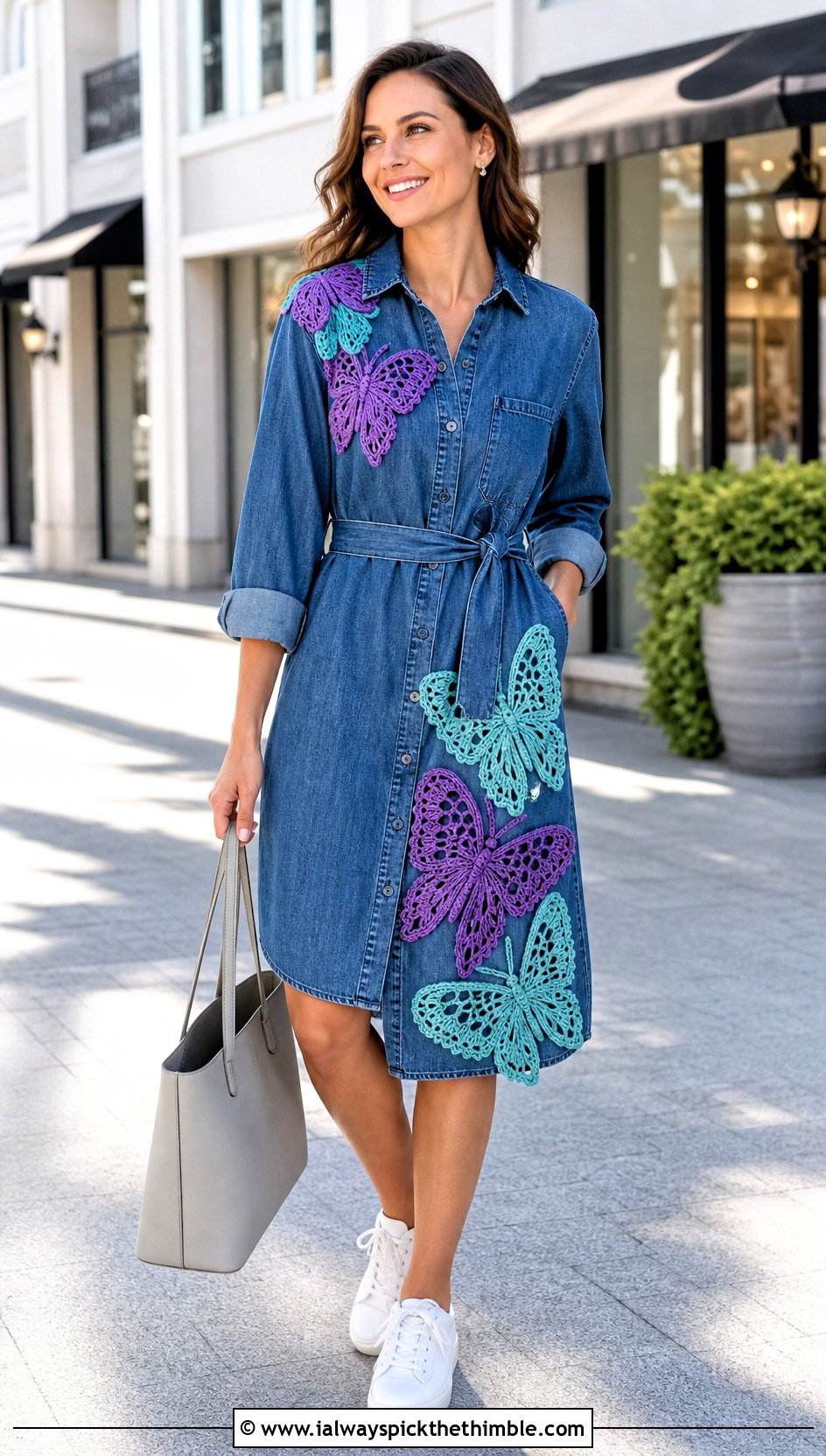 Butterfly Crochet Patch Denim Shirt Dress Outfit - 20 crochet patches on clothes and outfit ideas