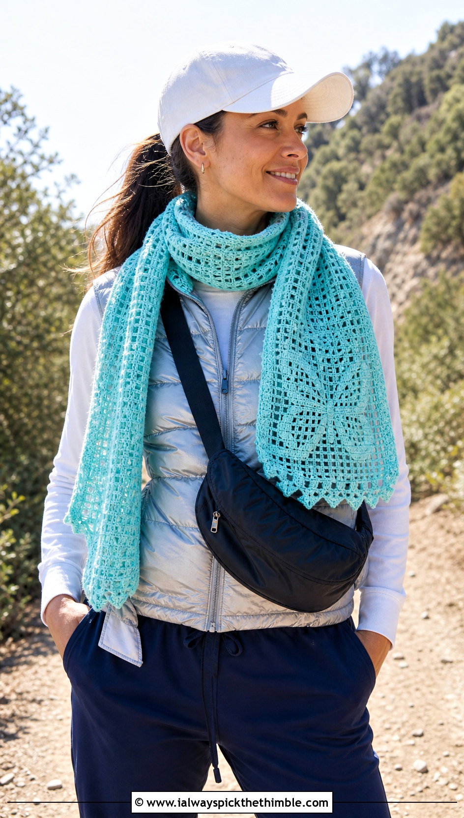 Butterfly Filet Crochet Scarf With A Puffer Vest And Joggers - 25 filet crochet scarf outfit ideas