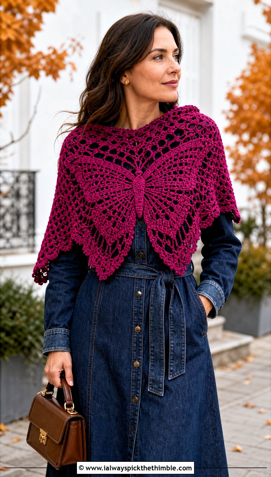 Butterfly Lace Crochet Shawl With Denim Dress - 20 Lace Crochet Shawl outfit ideas