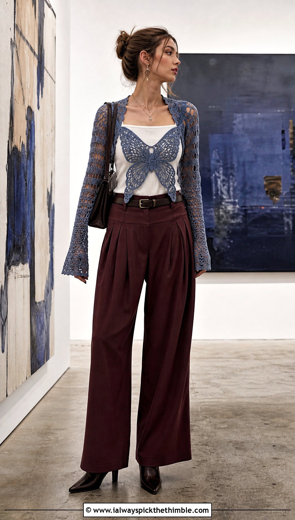 Butterfly Motif Crochet Grunge Top With Pleated Trousers - 20 crochet grunge top outfit ideas