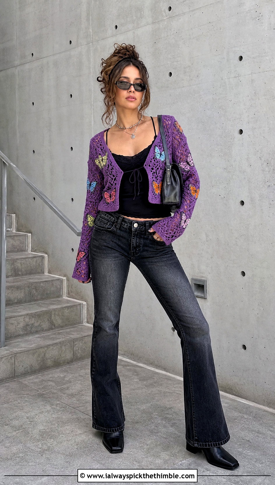 Butterfly Motif Crochet Y2K Cardigan With Washed Black Jeans - 20 Crochet Y2K Cardigan outfit ideas