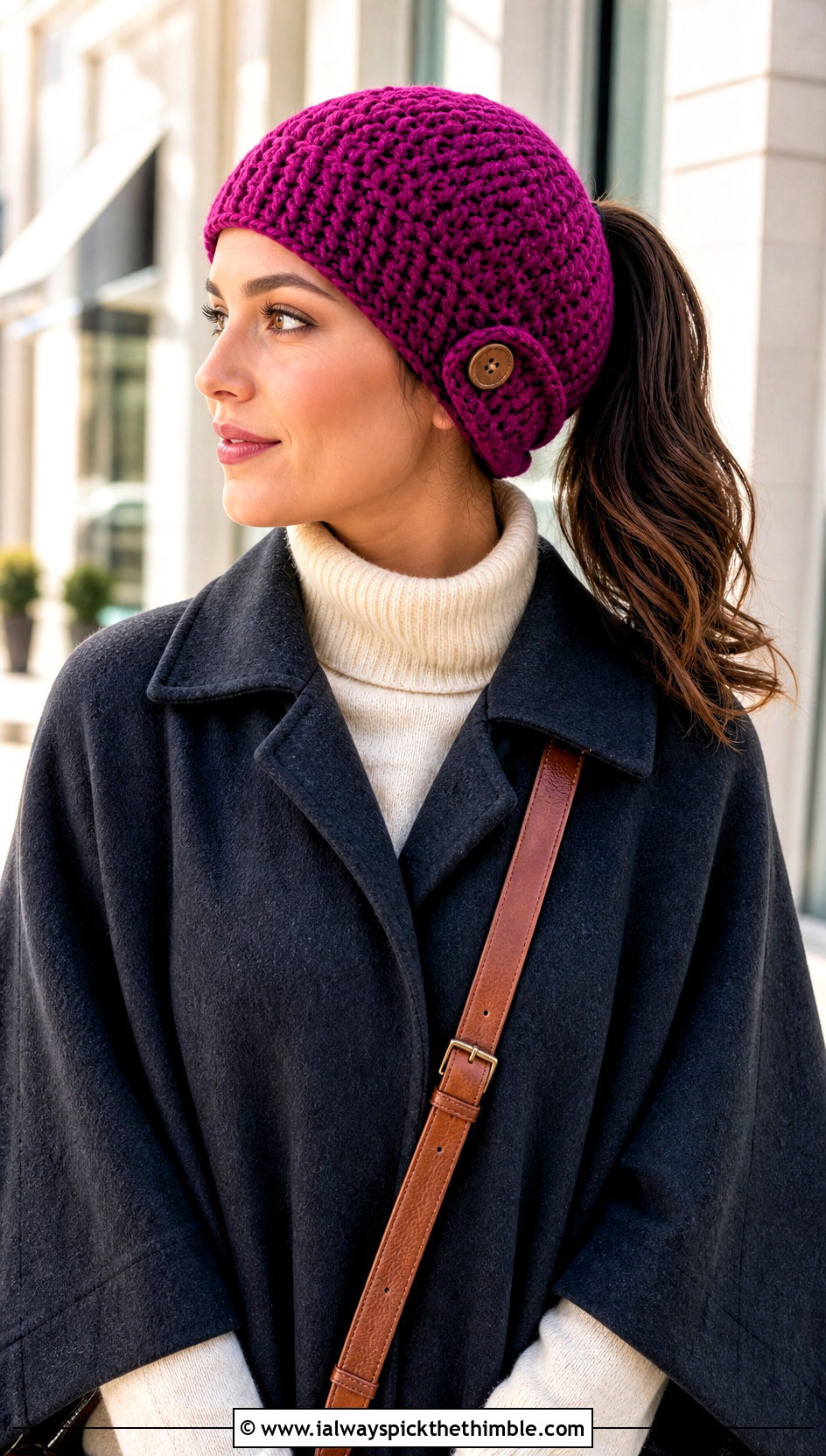 Button Back Bun Crochet Beanie With Cape Coat And Leggings - 20 Bun Crochet Beanie outfit ideas