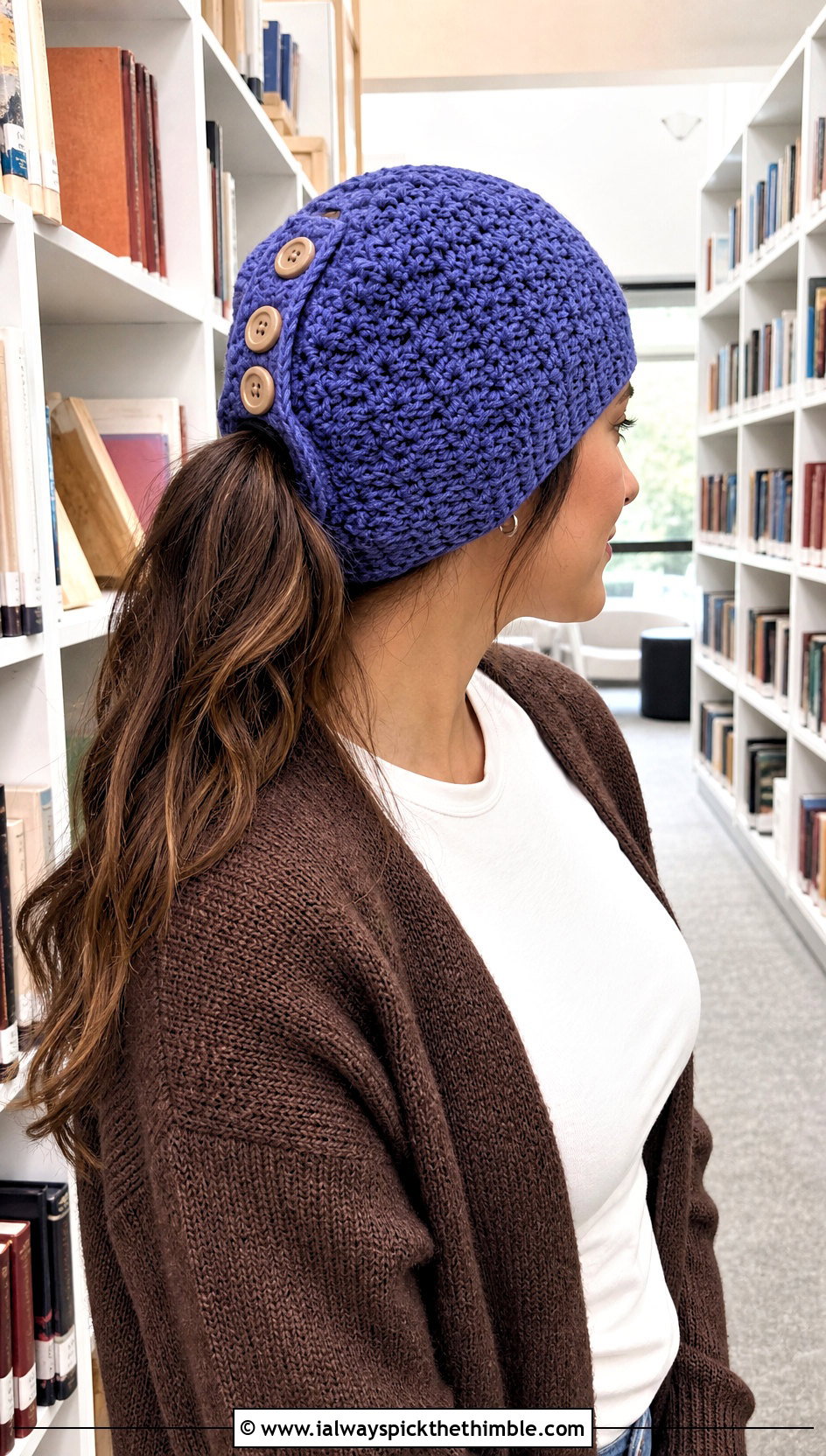 Button Back Crochet Ponytail Hat With Cardigan - 20 easy crochet ponytail hat outfit ideas