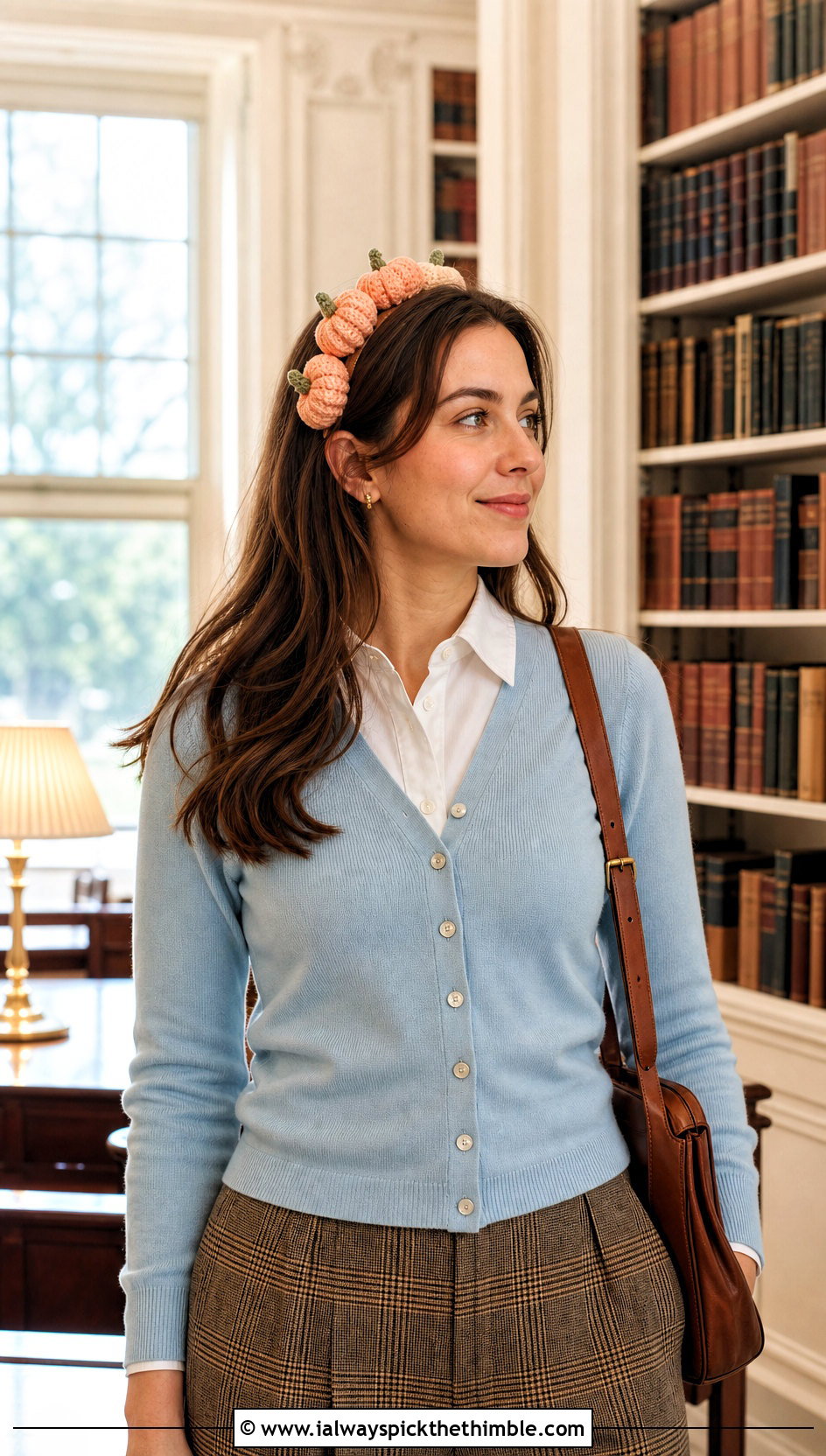 Button Back Pumpkin Headband With Preppy Cardigan - 25 crochet pumpkin headband outfit ideas