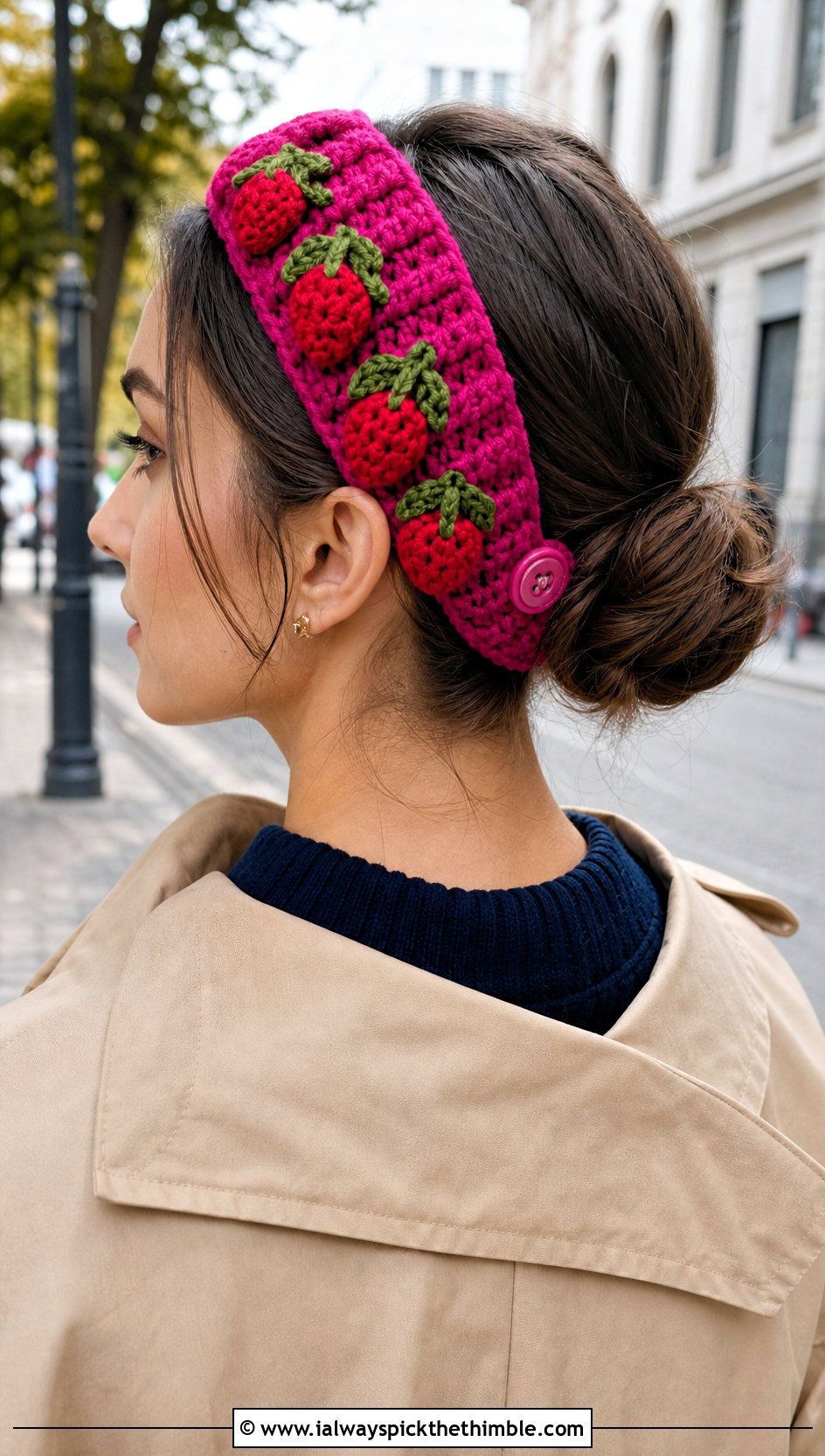 Button Back Strawberry Headband With Trench Coat - 25 Crochet Strawberry Headband outfit ideas