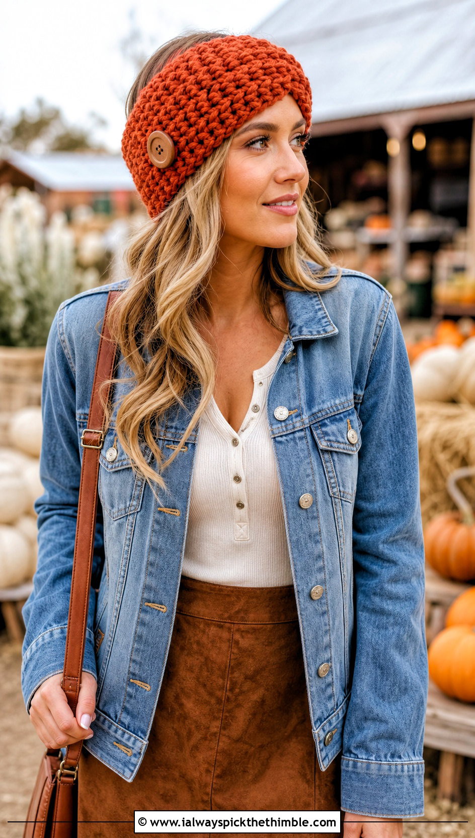 Button Closure Bulky Crochet Ear Warmer With Western Denim - 20 Bulky Crochet Ear Warmer outfit ideas