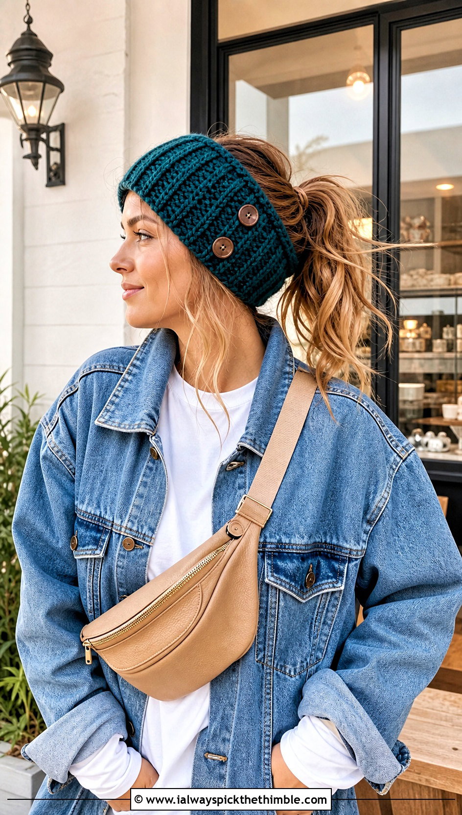 Button Closure Crochet Chunky Ear Warmer With Denim Jacket - 20 Crochet Chunky Ear Warmer outfit ideas