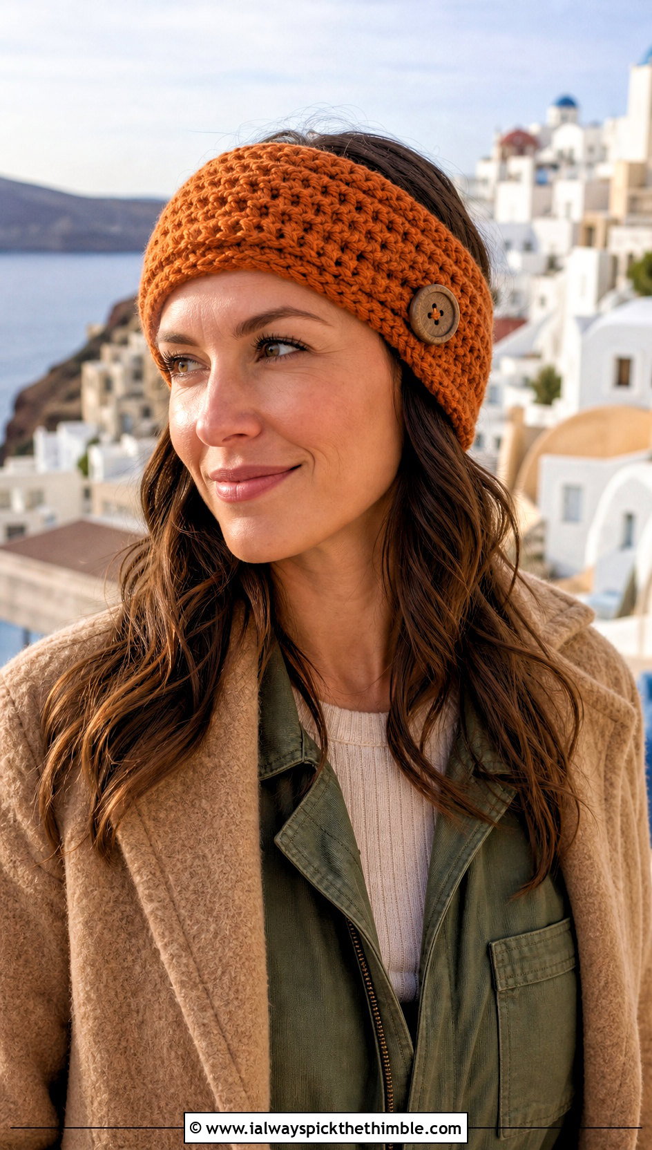 Button Closure Crochet Headband With Utility Jumpsuit - 20 Easy Crochet Winter Headband outfit ideas