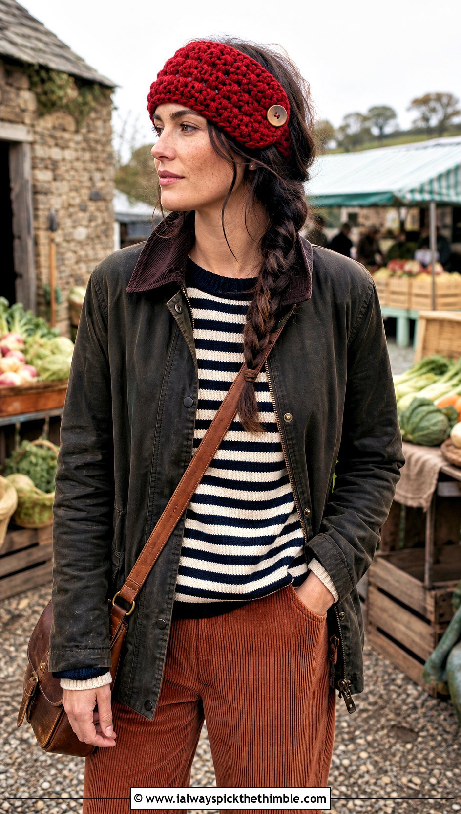 Button Closure Jasmine Stitch Headband With Barn Jacket - 20 Crochet Jasmine Stitch Headband outfit ideas